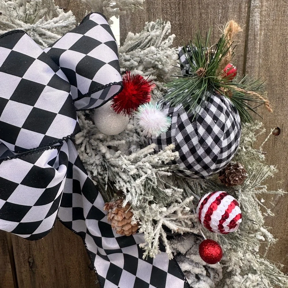 Handmade flocked Black and White Checkered Holiday Wreath 20